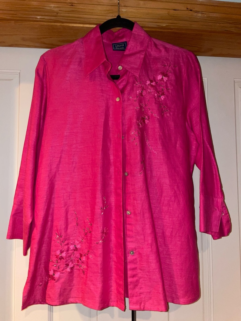 Laura Scott Bright Pink Embroidered Linen Button-Up Blouse